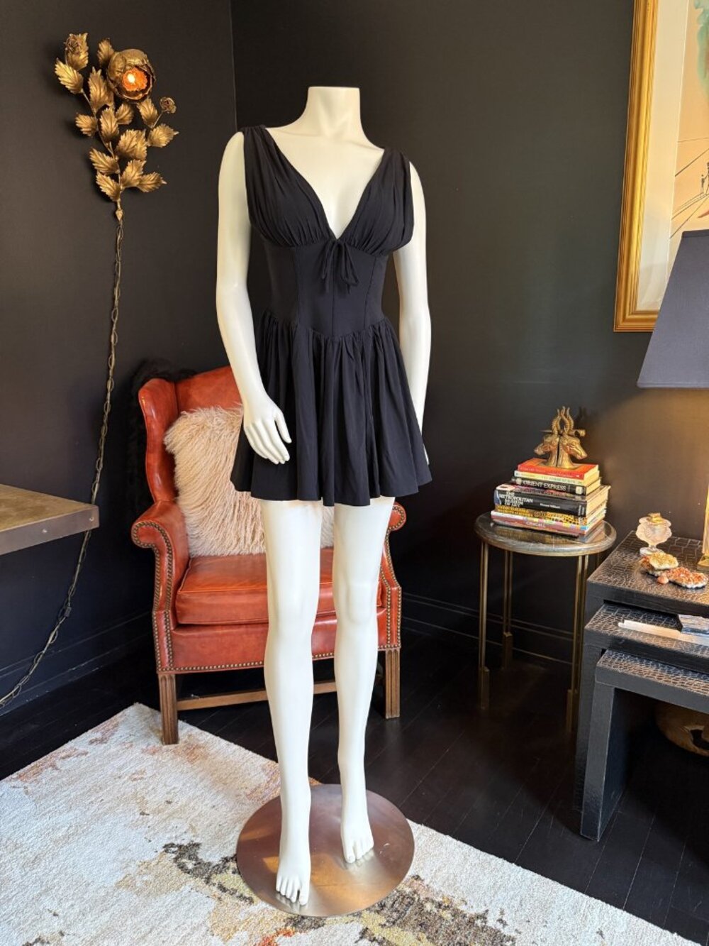 NWT BLASHE Black Deep-V Corset Pleated Babydoll Mini Dress S